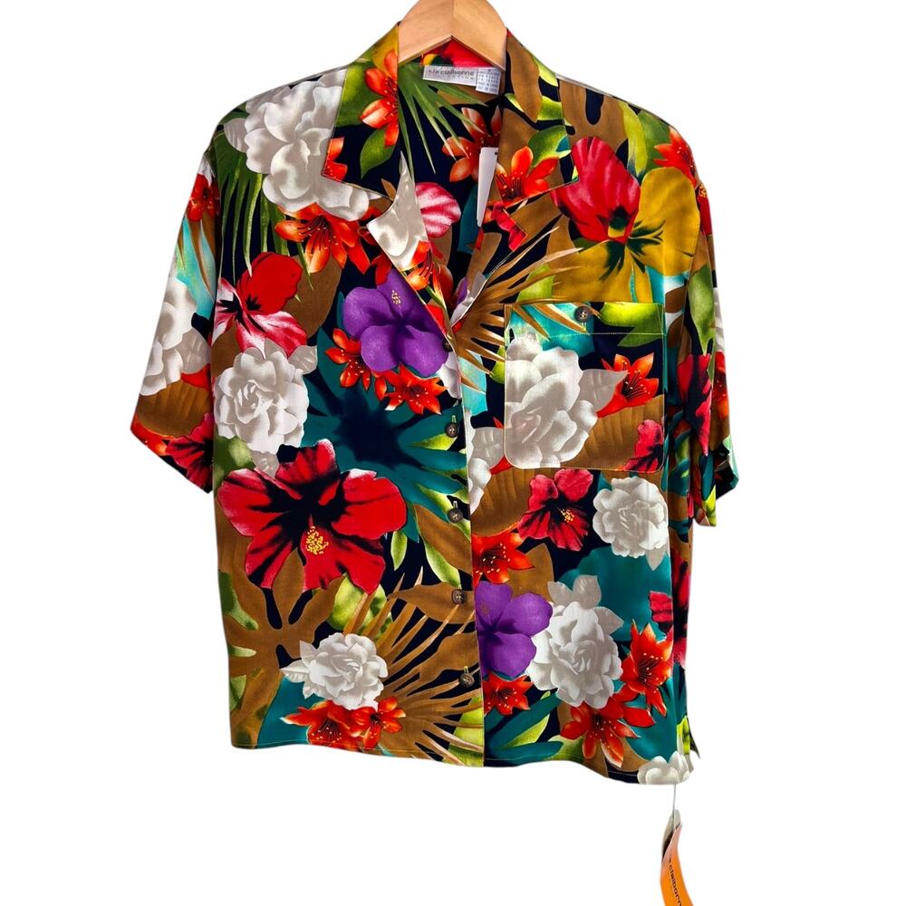 Liz Claiborne 100% Silk Button Up Blouse Tropical Floral Print Women's Size 8